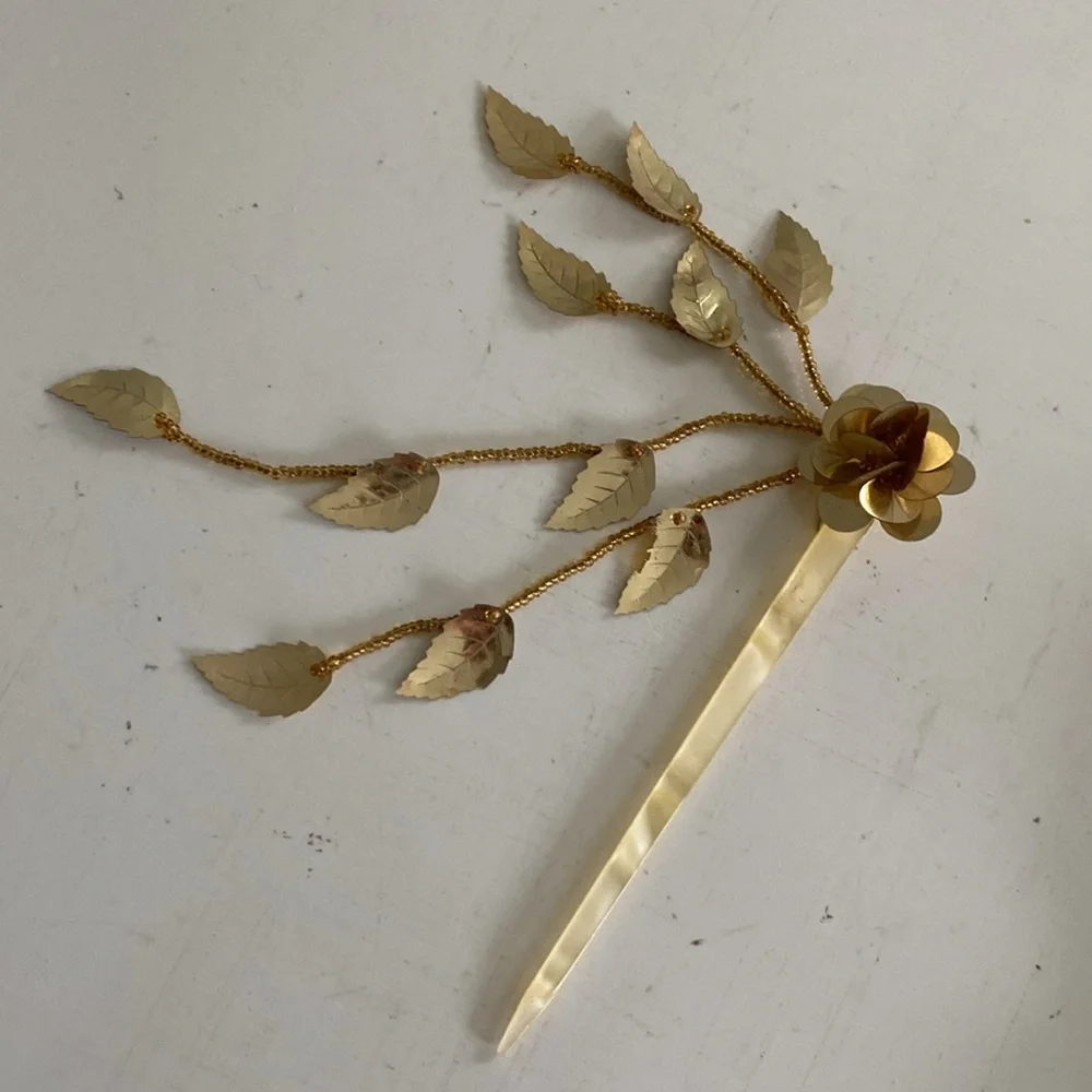 Vintage Gold Flower Hair Stick Pin with Gold Leaf Tassels. Made in Hong Kong